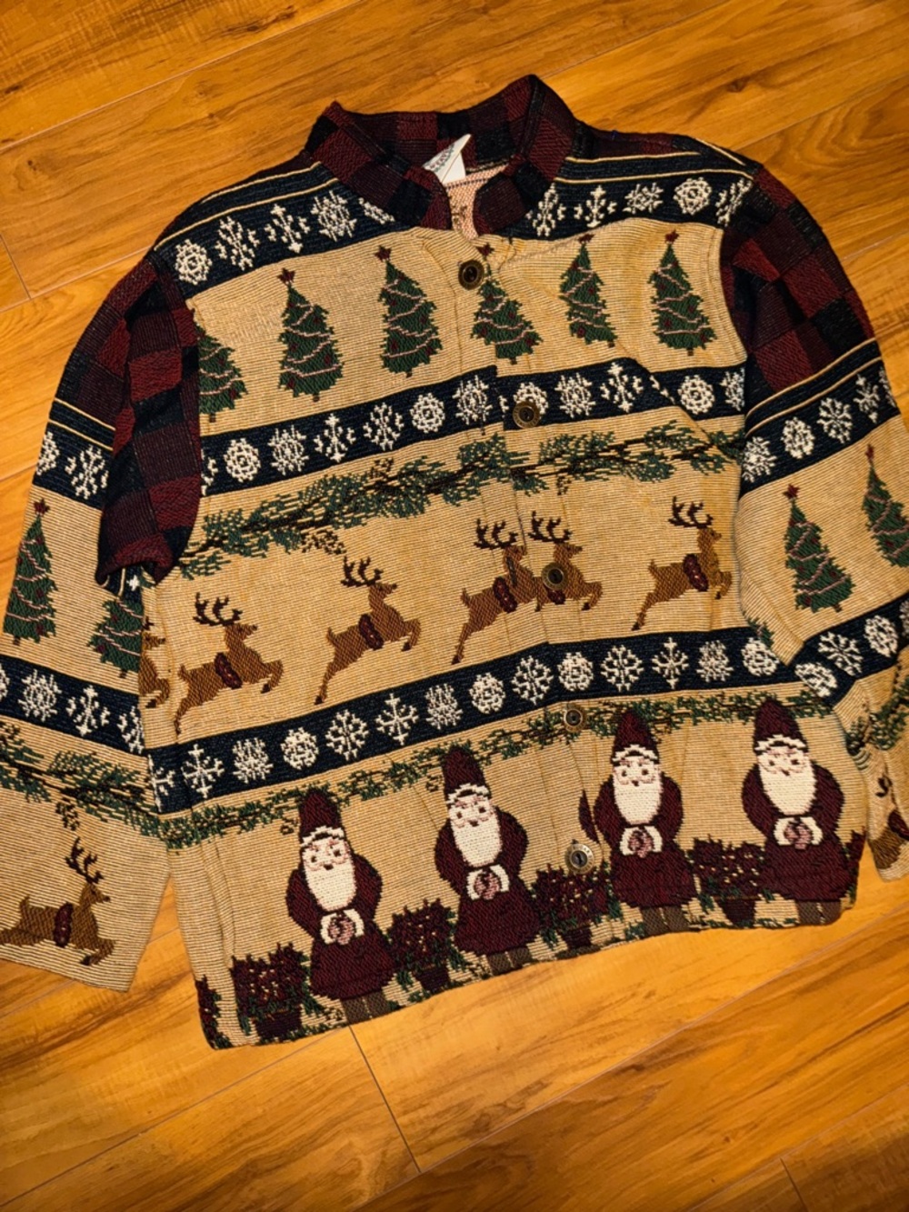 Men's Holiday Knit Cardigan Sweater - Beige with Green & Burgundy